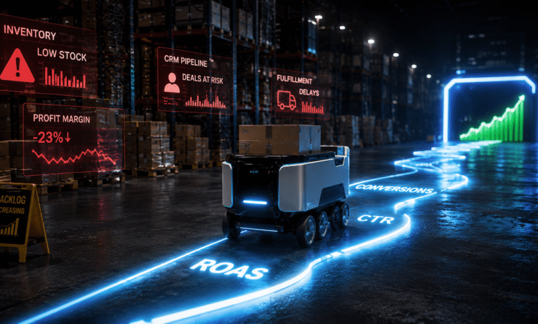Autonomous robot navigates warehouse with data overlays showing business metrics.