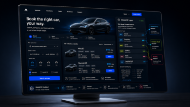 Car rental website interface on a computer screen showing search results and WebMCP layer.