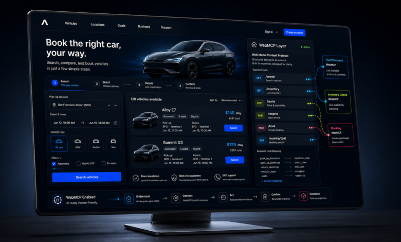 Car rental website interface on a computer screen showing search results and WebMCP layer.