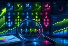 Data analysis with charts, graphs, and a magnifying glass showing customer journey.