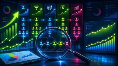 Data analysis with charts, graphs, and a magnifying glass showing customer journey.