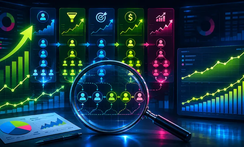 Data analysis with charts, graphs, and a magnifying glass showing customer journey.