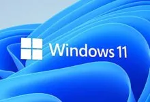 Windows 11 logo featuring a blue abstract design and the Windows icon.