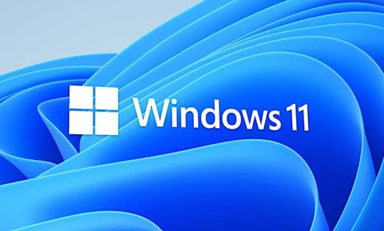 Windows 11 logo featuring a blue abstract design and the Windows icon.
