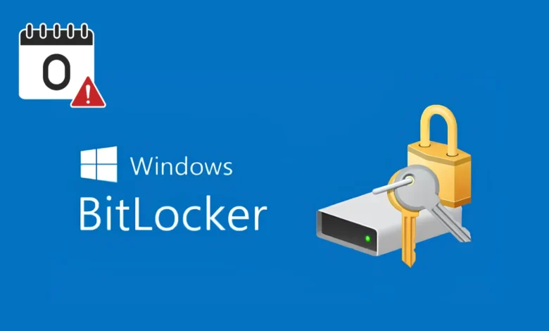 Windows BitLocker logo with a calendar icon showing '0' and a warning sign.
