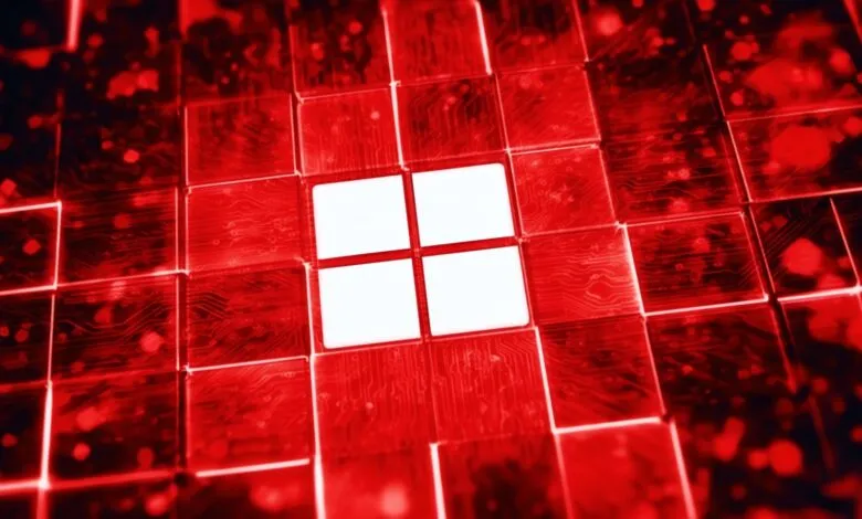 Red Windows logo on circuit board tiles, glowing effect.