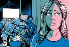 Worried woman with robots and child, symbolizing AI impact on family.