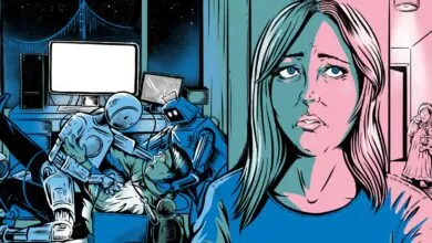 Worried woman with robots and child, symbolizing AI impact on family.