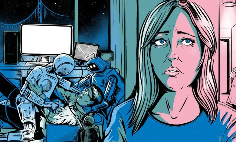 Worried woman with robots and child, symbolizing AI impact on family.