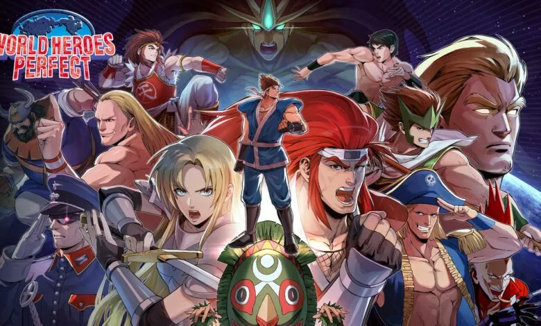 World Heroes Perfect game cover art featuring diverse characters in action poses.