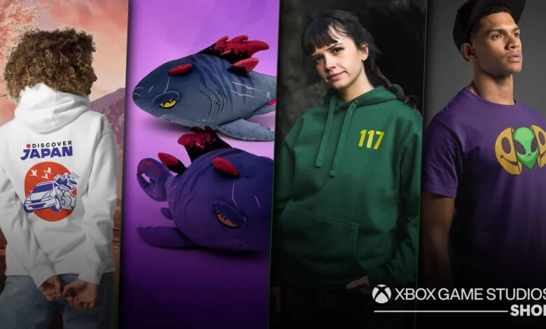 Xbox Gear Shop apparel featuring Japan hoodie, plush, Halo hoodie, and alien tee.