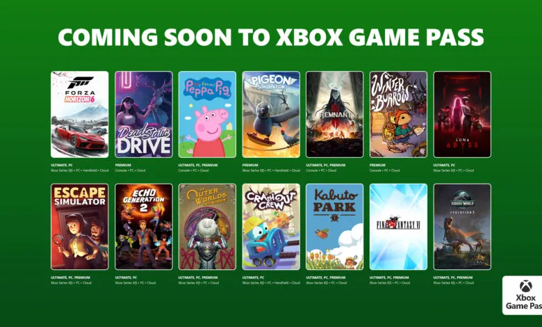Xbox Game Pass announcement featuring game titles coming soon.
