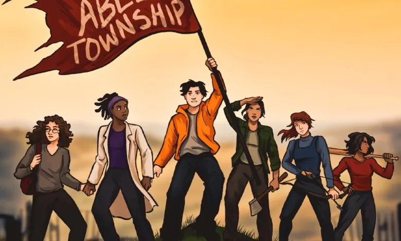 Group of diverse people holding 'Abel Township' flag, standing together.