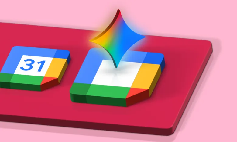3D Google Calendar icons with a glowing Gemini-like diamond above one.