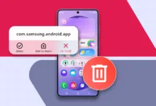Samsung phone displaying uninstall menu with a large red trash can icon.
