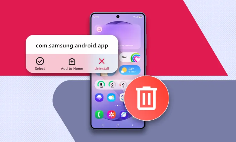 Samsung phone displaying uninstall menu with a large red trash can icon.