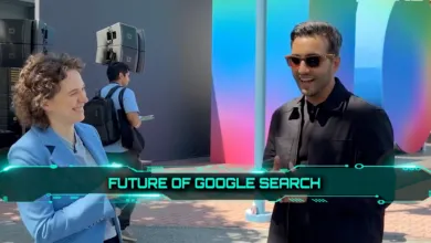 Two people discuss the future of Google Search outdoors.