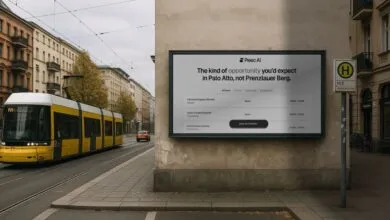 Peec AI billboard showing job opportunities in Prenzlauer Berg, Berlin.
