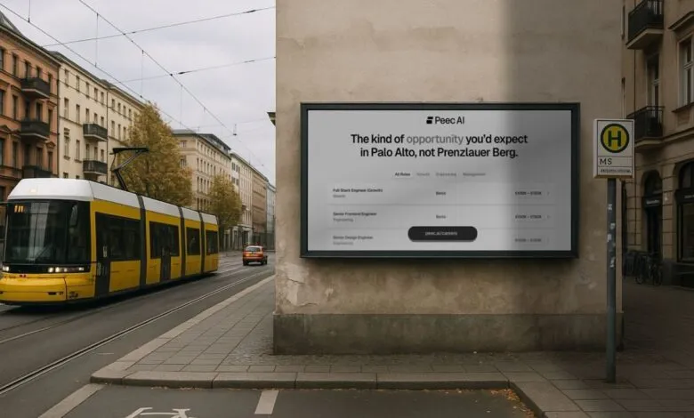 Peec AI billboard showing job opportunities in Prenzlauer Berg, Berlin.