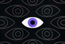 Pattern of stylized eyes, one with a purple iris, on a black background.