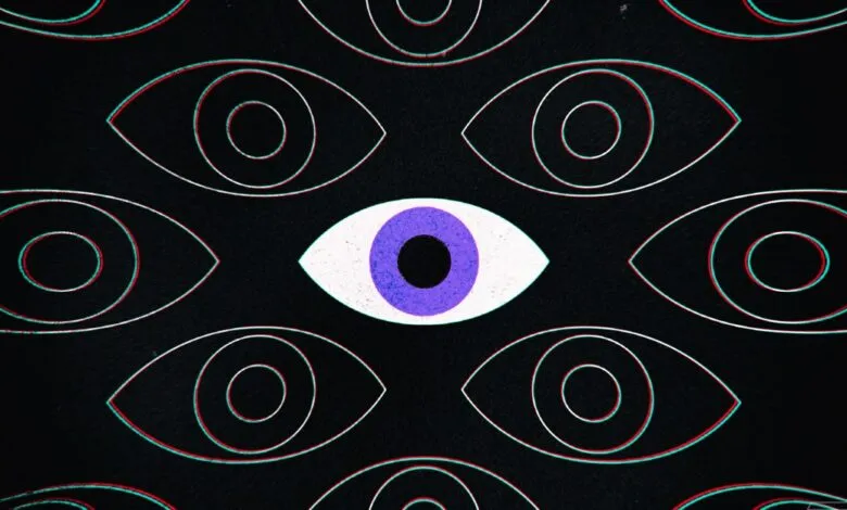 Pattern of stylized eyes, one with a purple iris, on a black background.