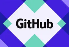GitHub logo on a geometric background of blue and teal diamonds.