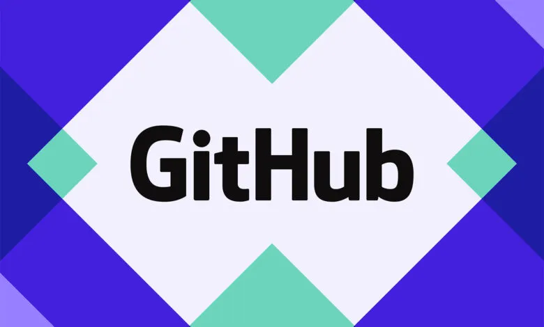 GitHub logo on a geometric background of blue and teal diamonds.