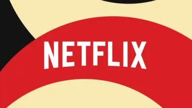 Netflix logo in white on a red curved banner against a cream and black background.