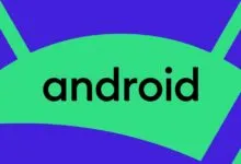 Android logo featuring green robot head and black text on purple background.