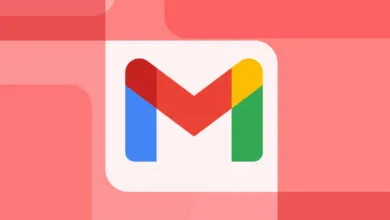 Gmail logo with red, blue, yellow, and green on a pink background.