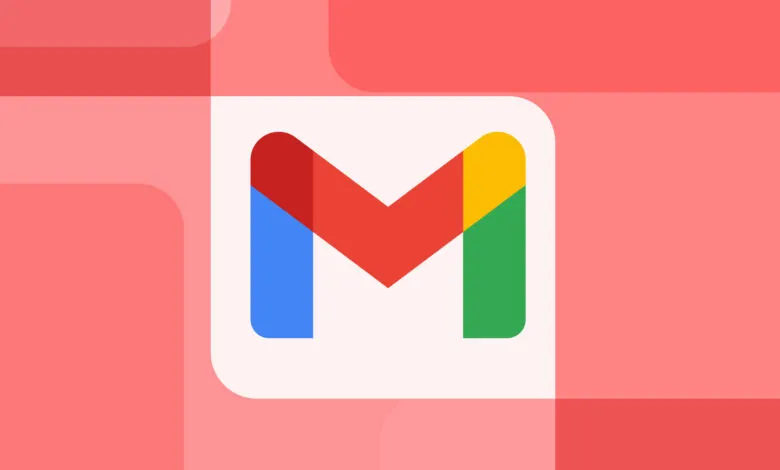 Gmail logo with red, blue, yellow, and green on a pink background.