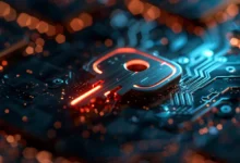 Glowing key icon on a dark circuit board with orange bokeh lights.