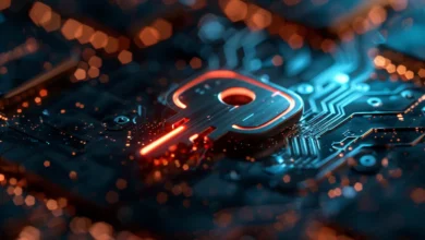 Glowing key icon on a dark circuit board with orange bokeh lights.