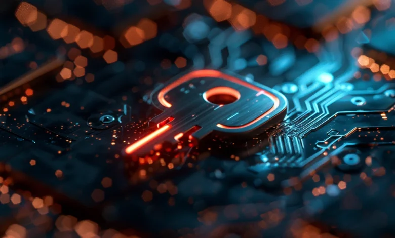 Glowing key icon on a dark circuit board with orange bokeh lights.