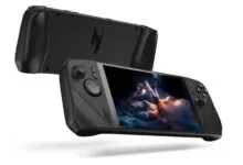 Black handheld gaming device with screen displaying a spaceship scene.