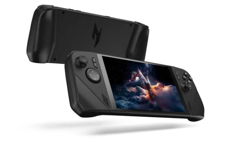 Black handheld gaming device with screen displaying a spaceship scene.