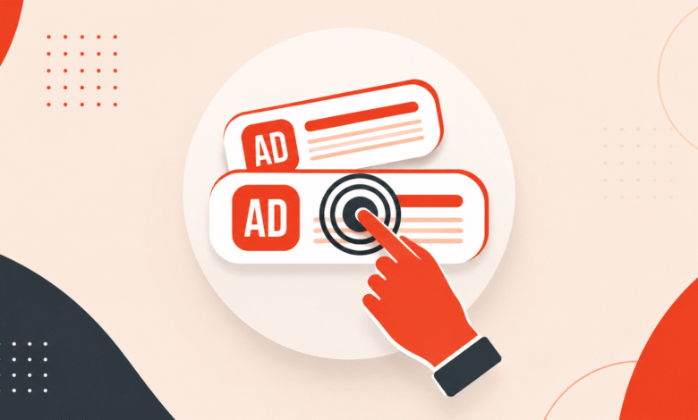 Hand clicking on an online advertisement with target icon.