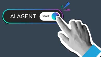 Hand pressing a 'start' button for an AI Agent, modern design.