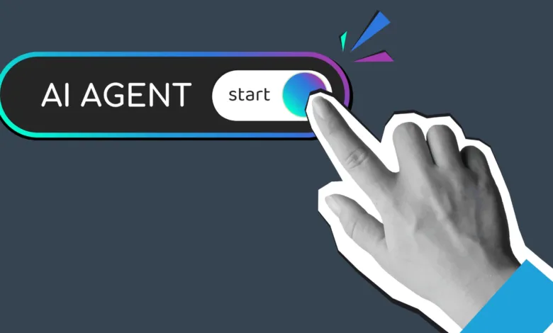 Hand pressing a 'start' button for an AI Agent, modern design.