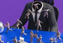 Miniature figures in suits interacting with a giant suit and office objects.