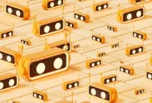Isometric view of multiple orange robot-like devices with two glowing eyes.