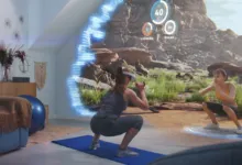 Woman using VR headset to exercise in virtual desert landscape.