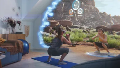 Woman using VR headset to exercise in virtual desert landscape.