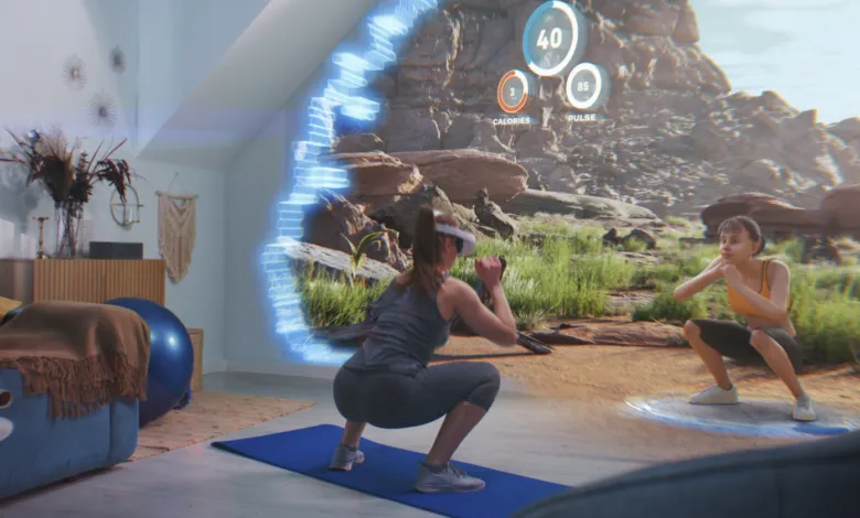 Woman using VR headset to exercise in virtual desert landscape.