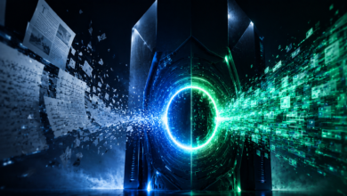 Abstract data portal with blue and green light streams and floating documents.