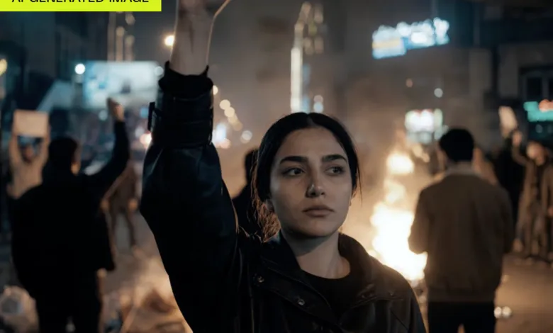 Woman with raised fist at protest, fire burning in background, determined expression.