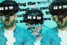 Three distorted portraits of a man with text and symbols overlayed.