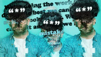 Three distorted portraits of a man with text and symbols overlayed.