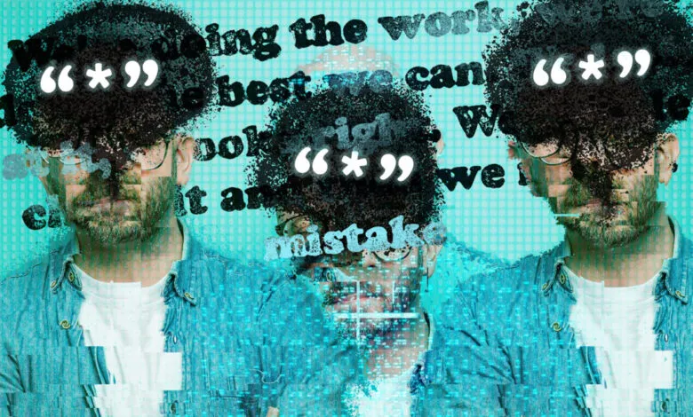 Three distorted portraits of a man with text and symbols overlayed.