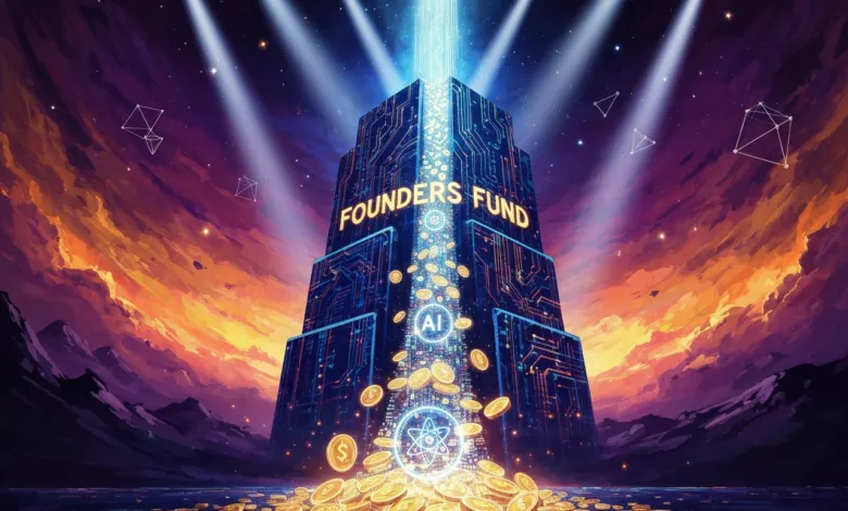 Tower with 'Founders Fund' and AI symbols, illuminated by spotlights and digital stream.